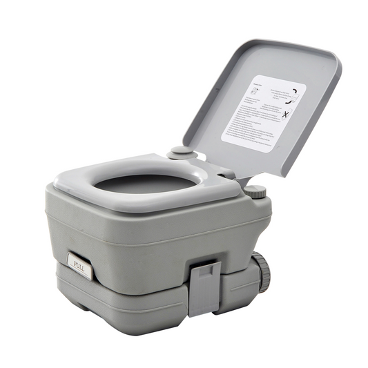 Portable camping toilet for van life, RV, or outdoor adventures with pull handle and instructions