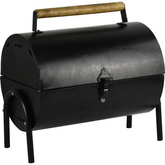 Compact black portable BBQ grill with wooden handle, ideal for van life and outdoor adventures