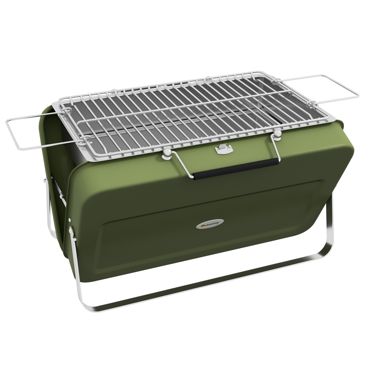 Portable olive green charcoal grill with folding legs and adjustable grate for van life camping adventures