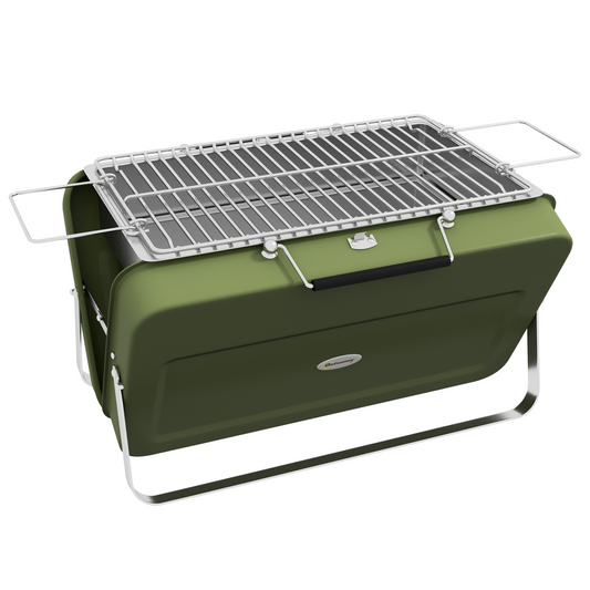 Portable olive green charcoal grill with folding legs and adjustable grate for van life camping adventures