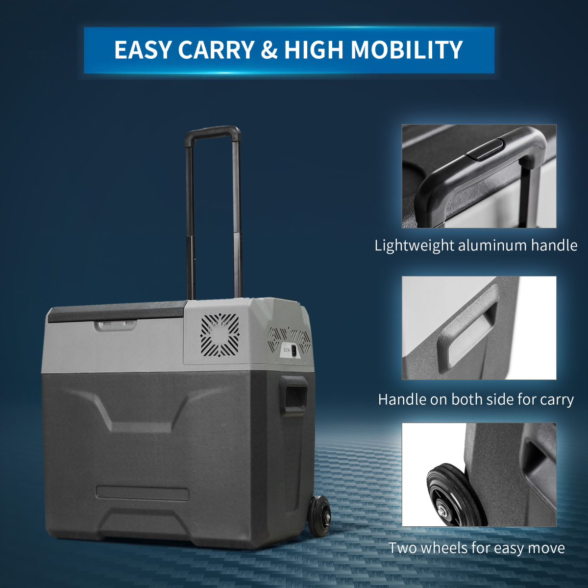 Portable 12V fridge with wheels and handle for van life adventures, easy carry & mobility
