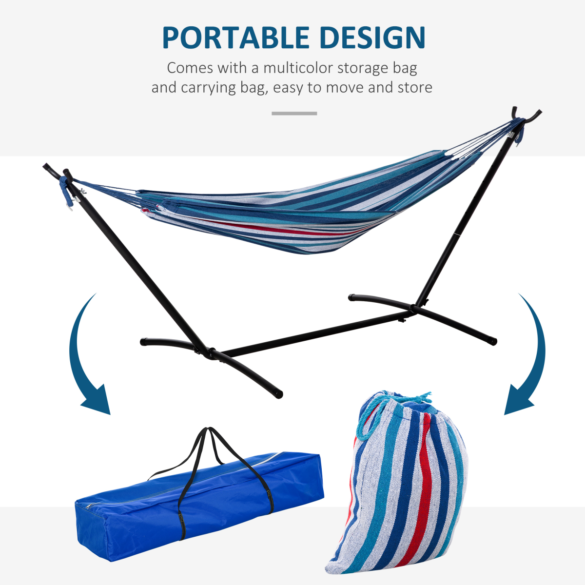 Portable hammock with stand and carrying bags for van life and outdoor adventures