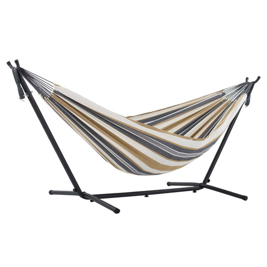 Striped hammock with black metal stand for van life or outdoor relaxation