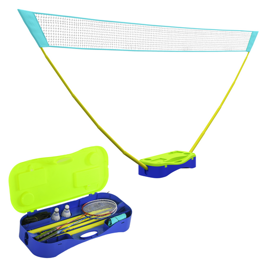 Portable badminton set with net, rackets, shuttlecocks, and carry case for outdoor adventures