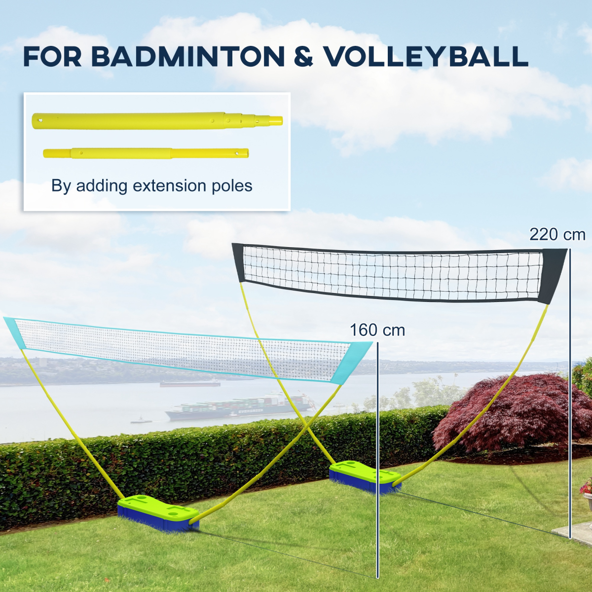 Portable badminton and volleyball net with adjustable height poles for outdoor garden play