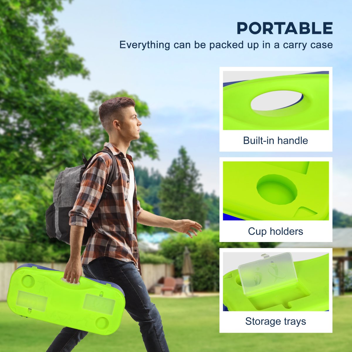 Portable van life tray with built-in handle, cup holders & storage, perfect for outdoor adventures