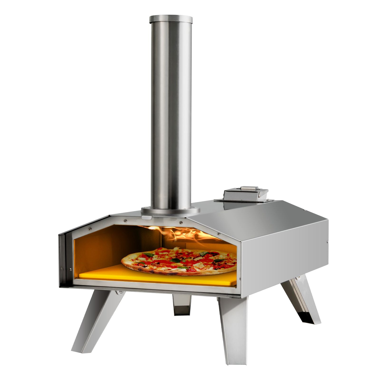 Portable wood-fired pizza oven for van life adventures, baking fresh pizza with flames inside