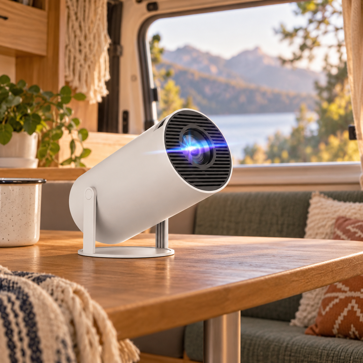 Portable Mini Projector in a van-life setting