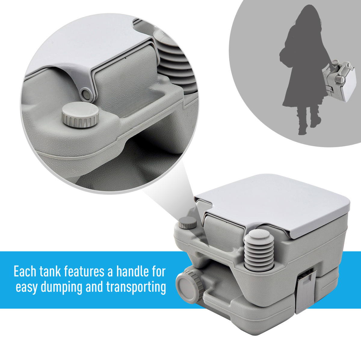 Portable van toilet with handle for easy transport, ideal for camper van adventures and outdoor travel