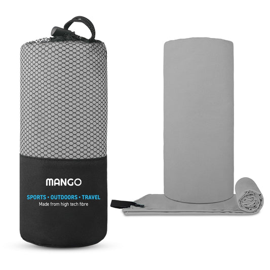 Compact grey travel towel in mesh carry bag, ideal for van life, camping, and outdoor adventures