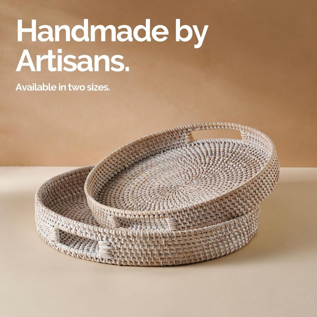 Handmade woven rattan trays for van life storage, artisan crafted, two sizes available