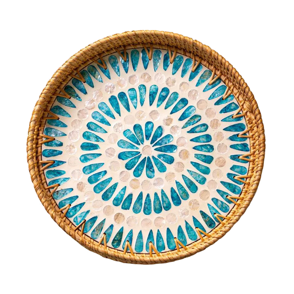 Round rattan tray with blue shell mosaic, perfect for van life decor and boho camper styling