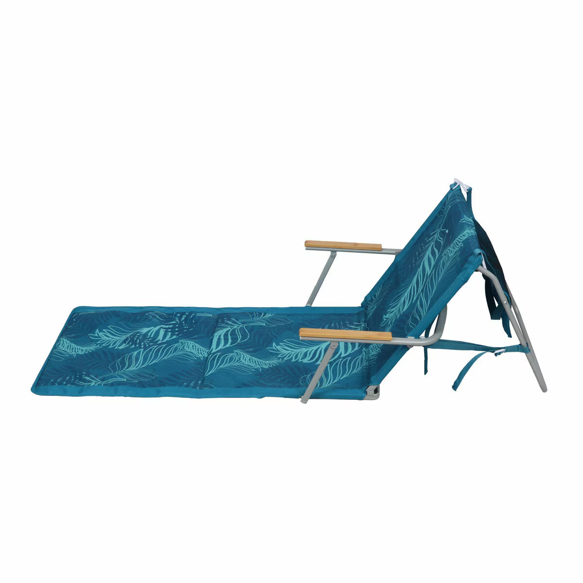 Teal foldable lounge chair with leaf print, perfect for van life and outdoor adventures