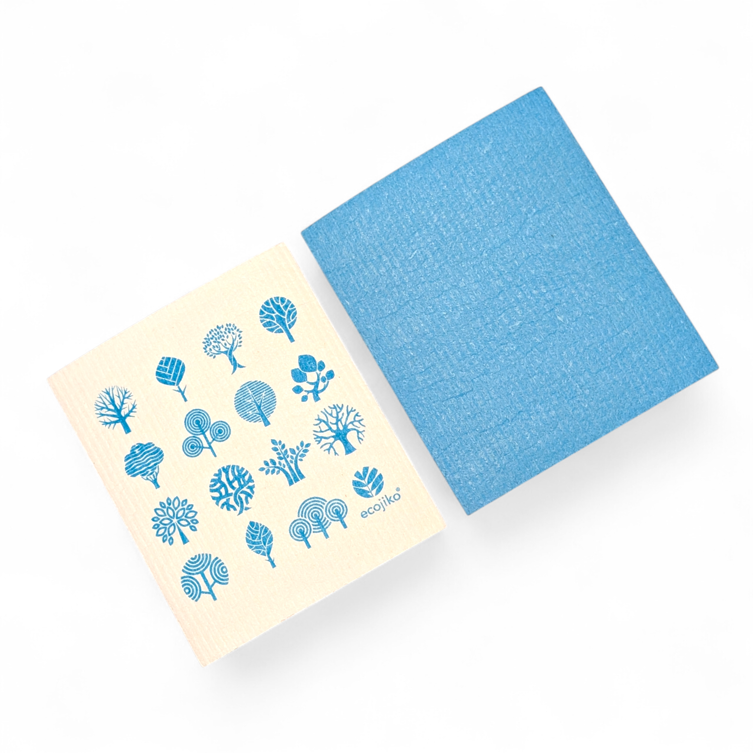 Eco-friendly blue tree-printed sponge and solid blue scrubber for van life cleaning essentials