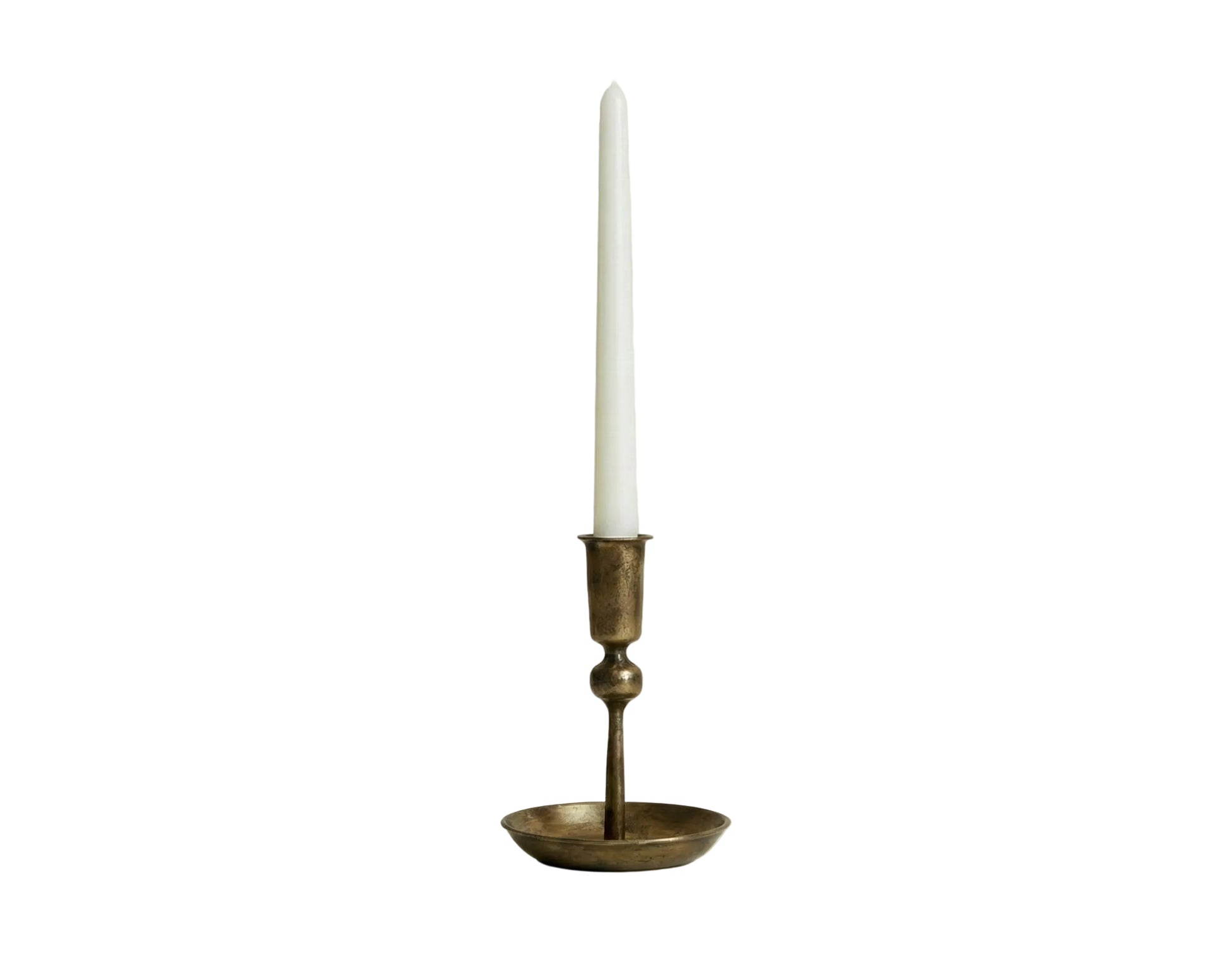 Brass candlestick holder with white taper candle, van life decor accessory for camper vans and cozy interiors