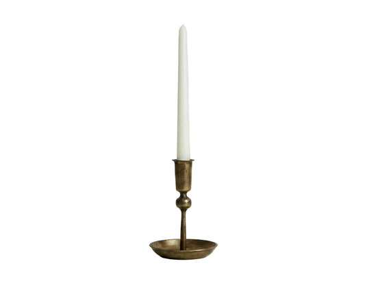 Brass candlestick holder with white taper candle, van life decor accessory for camper vans and cozy interiors