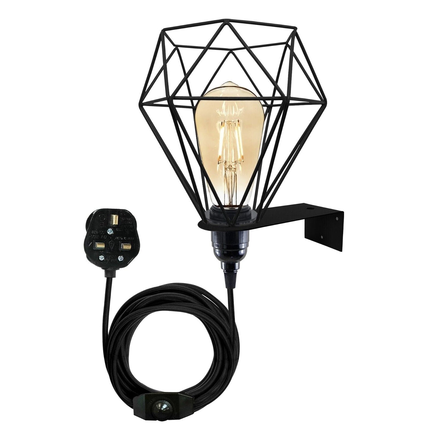Geometric black wire wall lamp with Edison bulb, UK plug, ideal for van life or camper van interiors
