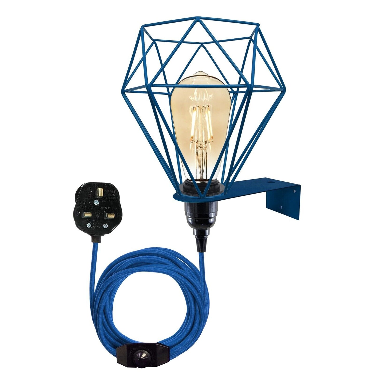 Blue geometric wall lamp with vintage bulb, UK plug, ideal for van life and camper interiors