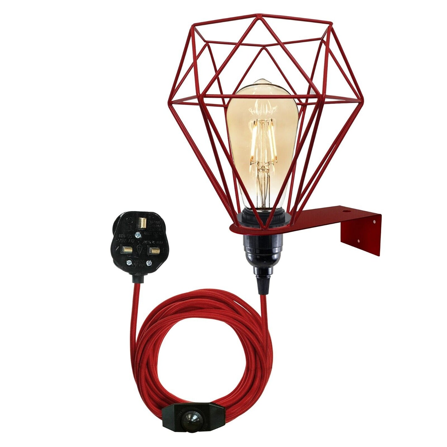 Red geometric wall lamp with vintage bulb, UK plug, ideal for van life or camper interiors