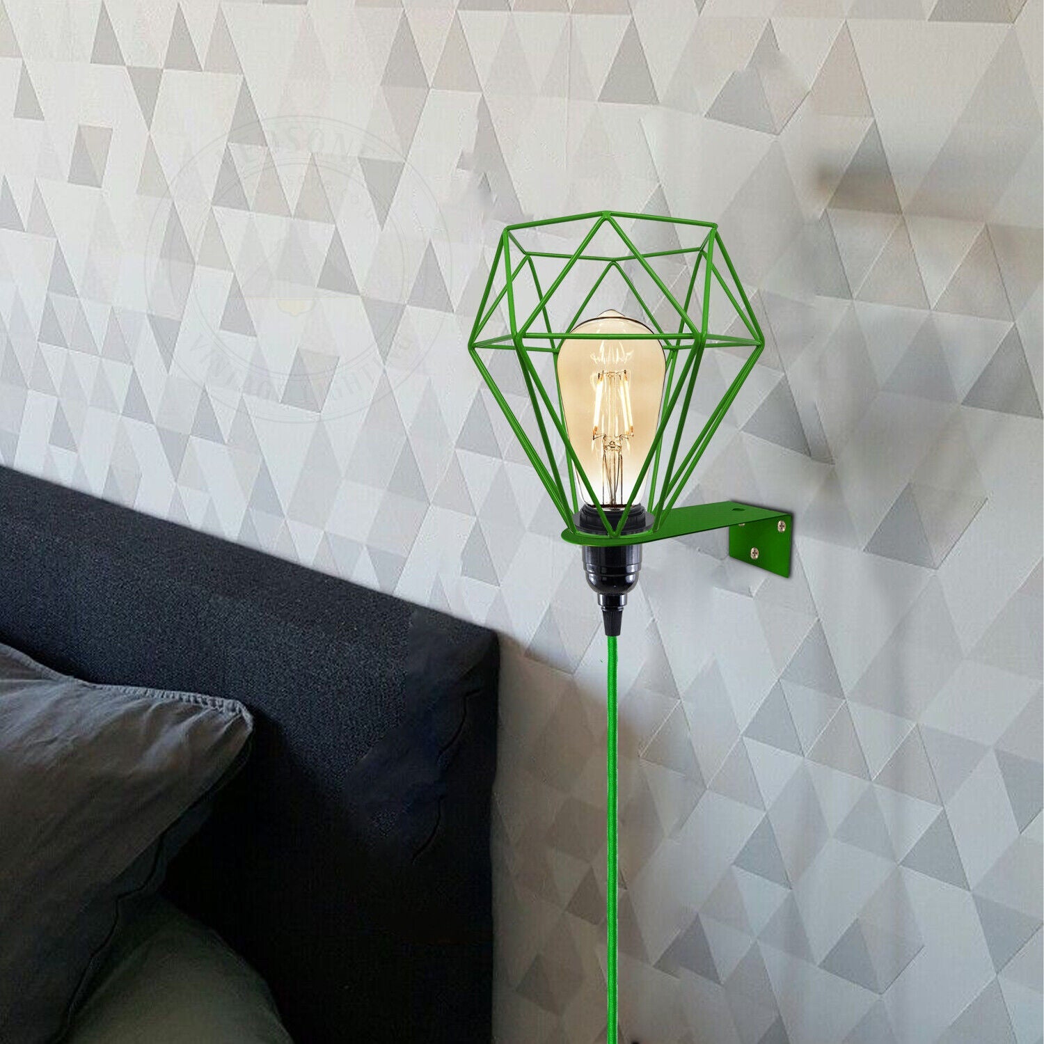 Green geometric wall lamp with Edison bulb for van life or camper interior lighting