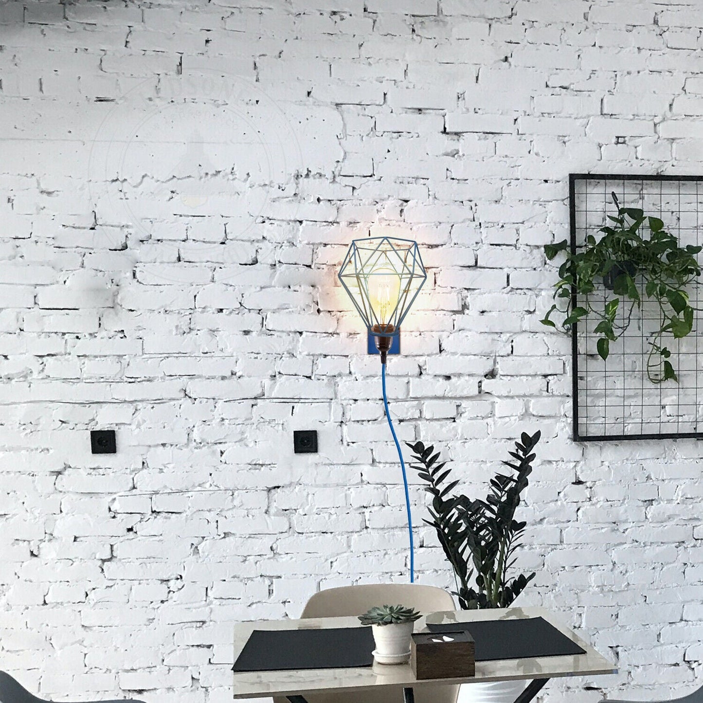 Geometric wire pendant light with Edison bulb, ideal for van life or modern interior decor