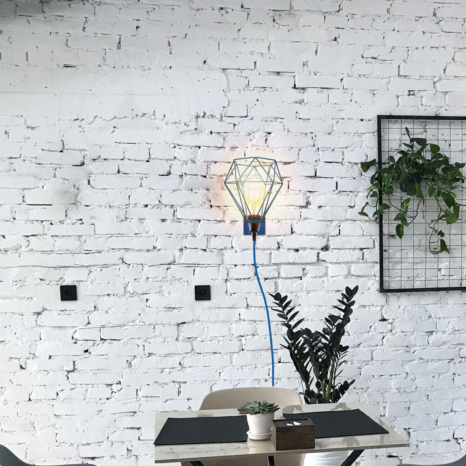 Geometric wire pendant light with Edison bulb, ideal for van life or modern interior decor