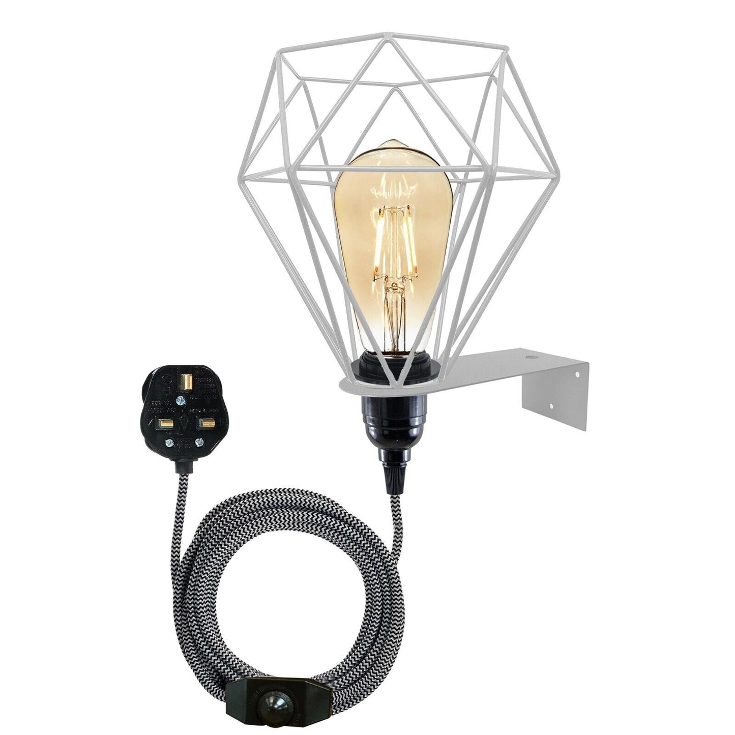 Geometric wall lamp with vintage bulb, UK plug, and braided cord for van life or camper interiors