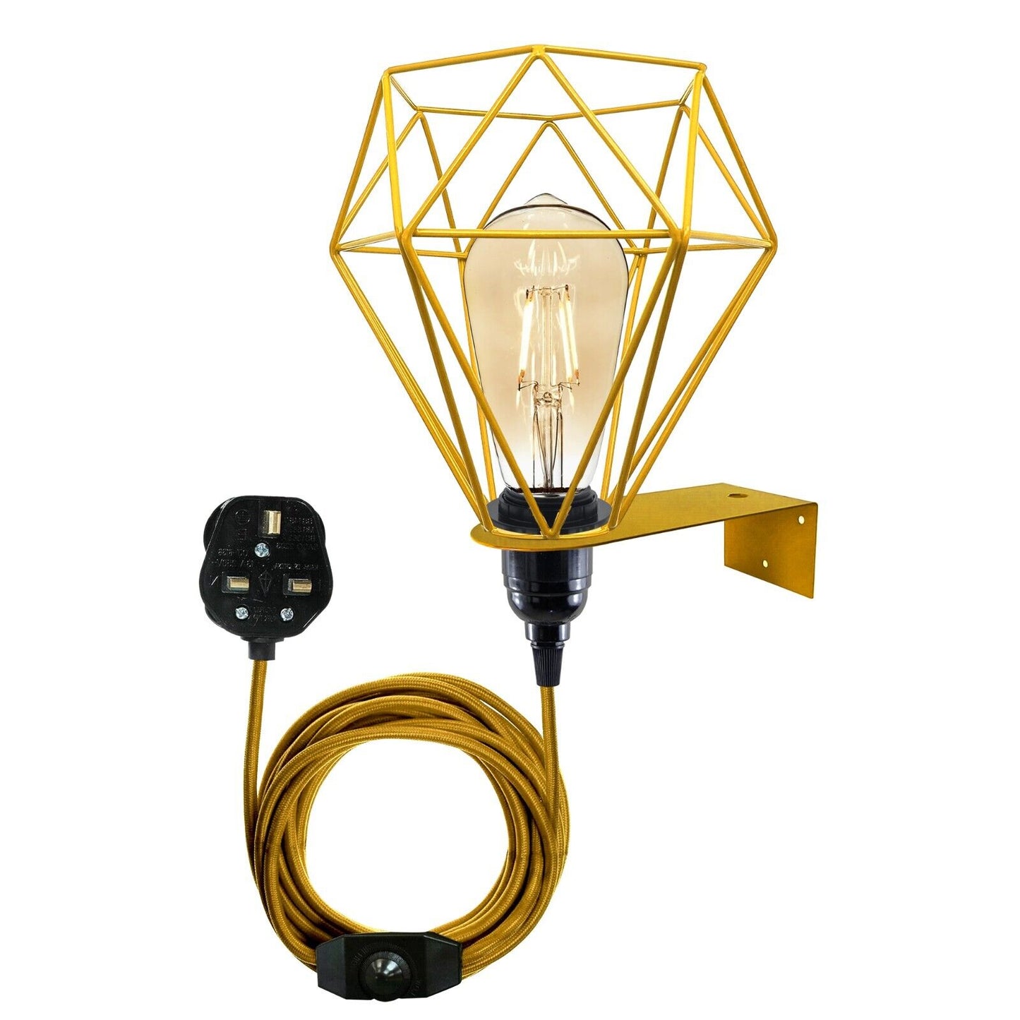 Gold geometric wall lamp with vintage bulb, UK plug, ideal for van life or camper van interior lighting
