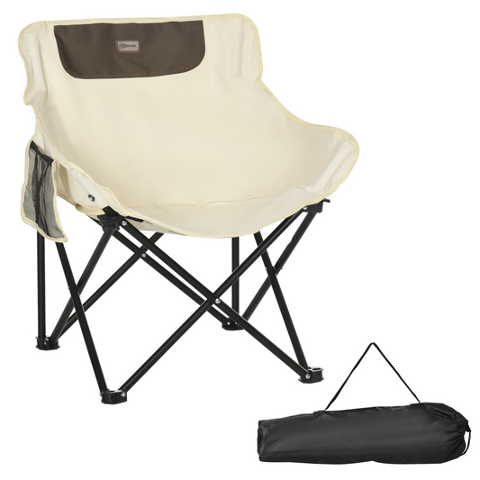 Cream foldable camping chair with black frame, side pocket, and carry bag for van life adventures