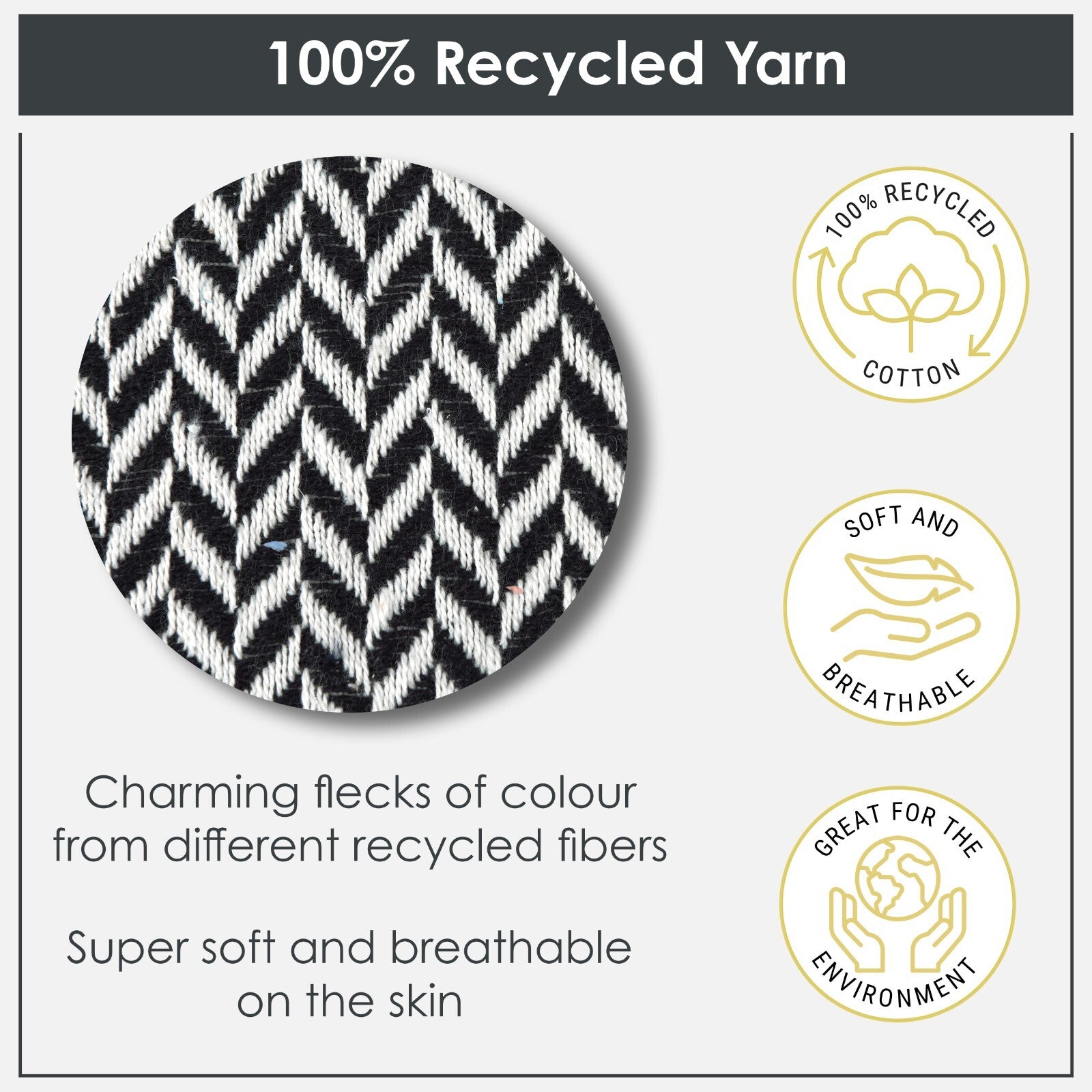 Black and white herringbone fabric made from 100% recycled yarn, soft, breathable, eco-friendly for van life gear