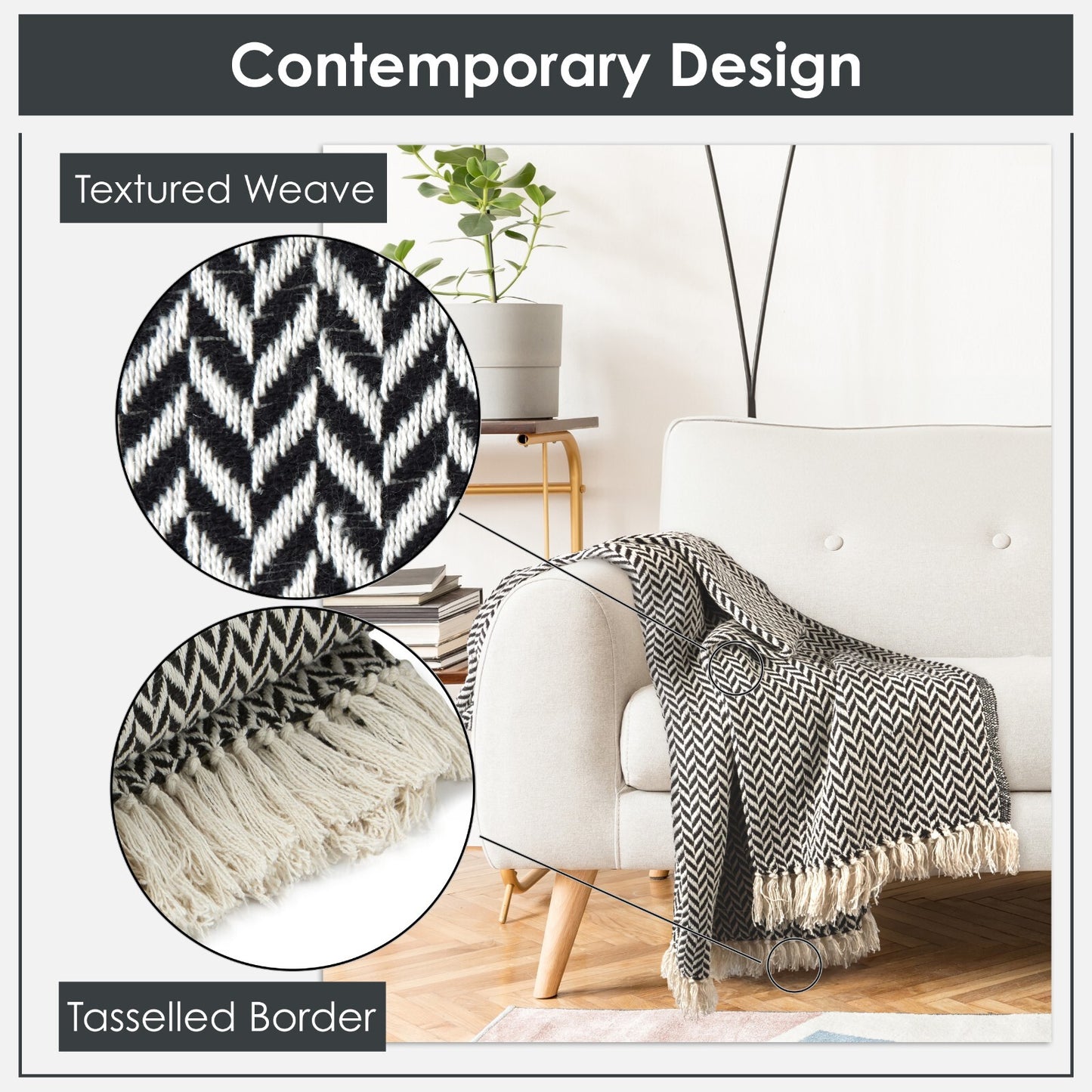 Black and white herringbone throw blanket with tassels, cozy for van life or home decor
