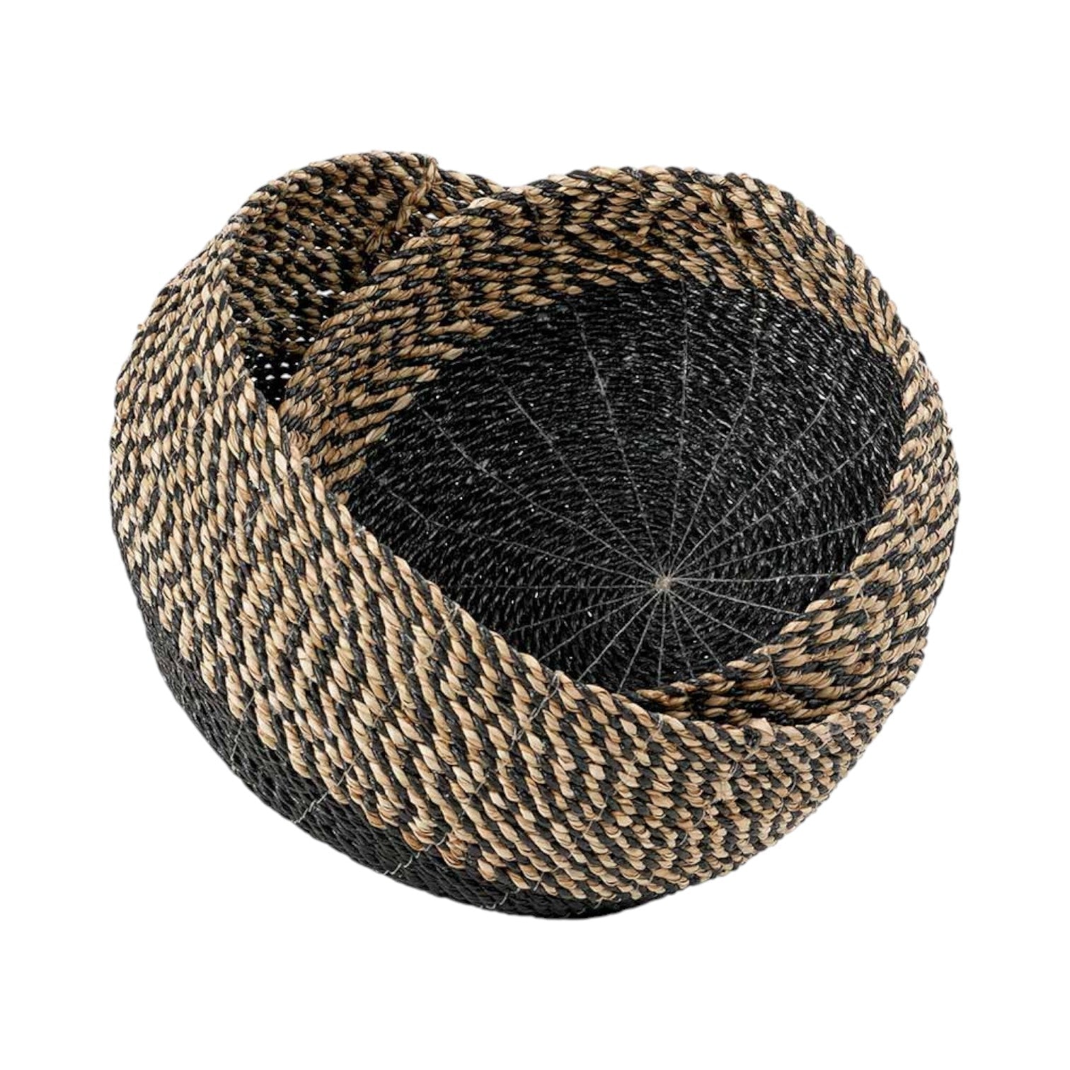 Black and natural woven storage basket for van life organization and camping gear