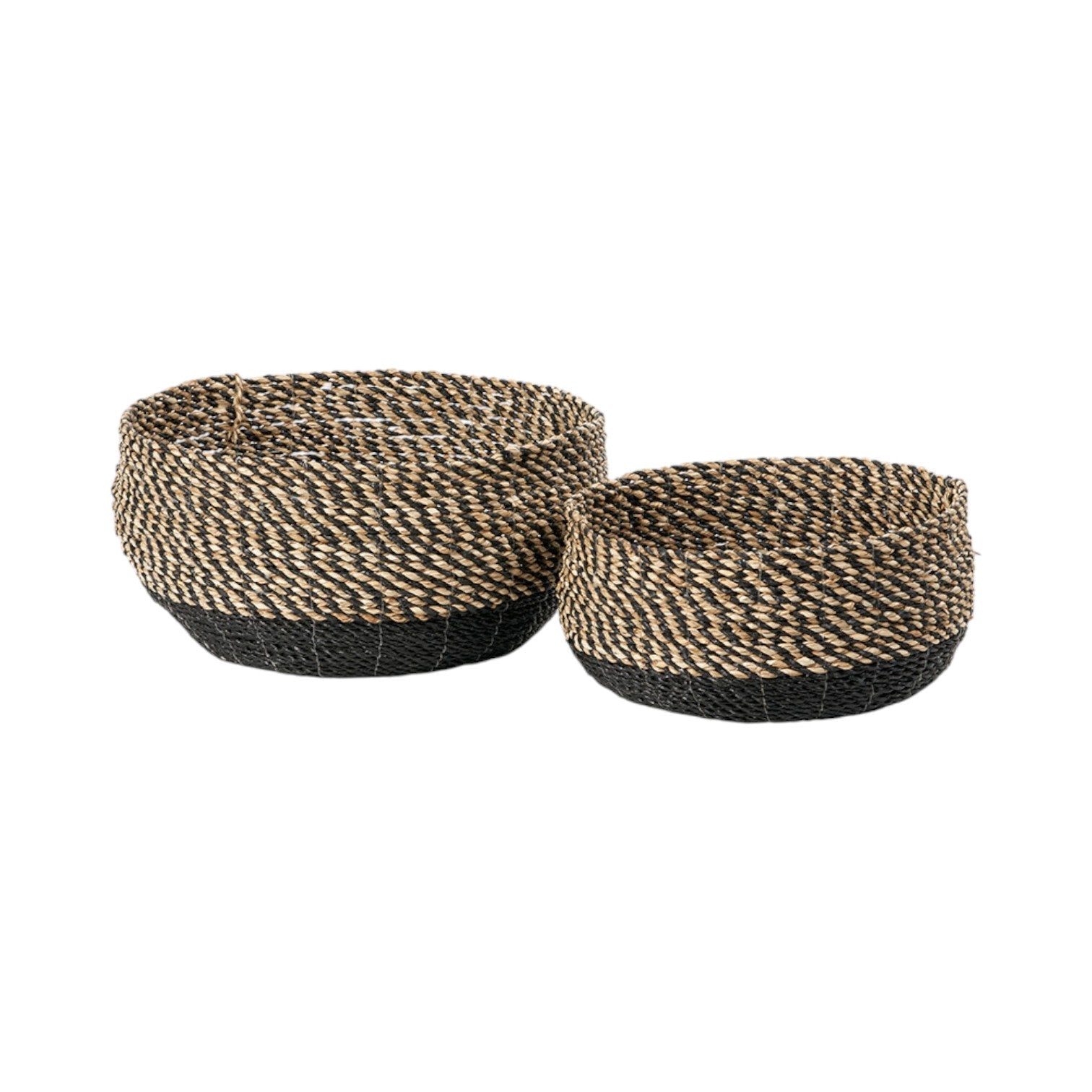 Set of two woven storage baskets for van life organization, black and natural fiber design