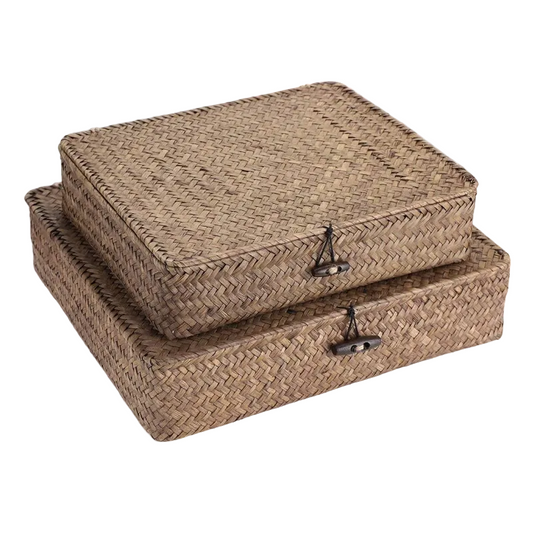 Woven rattan storage baskets with lids, perfect for van life organization and compact camping gear storage