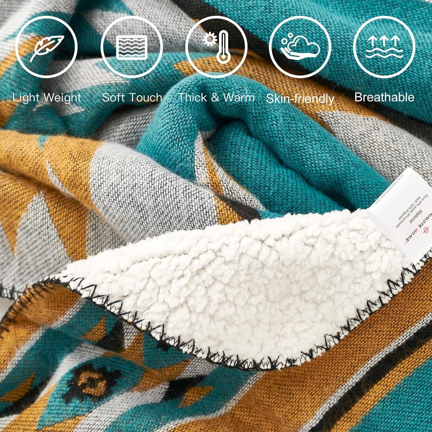 Cozy geometric patterned blanket with soft sherpa lining, ideal for van life adventures and outdoor comfort.