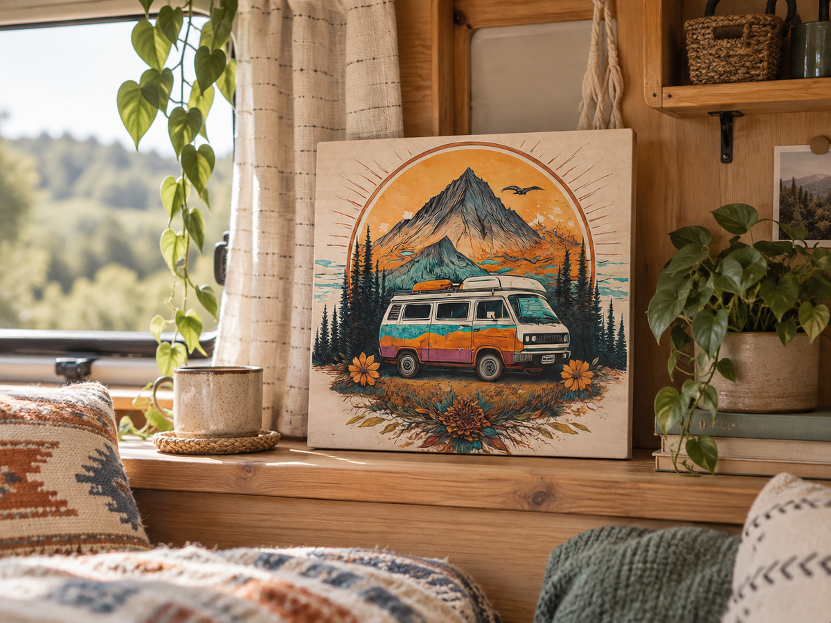 Van Life wood print on a timber ledge inside a cosy campervan