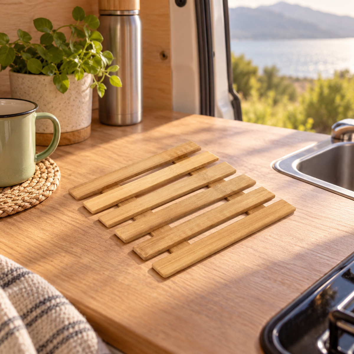 Bamboo Trivet Square in a van-life setting
