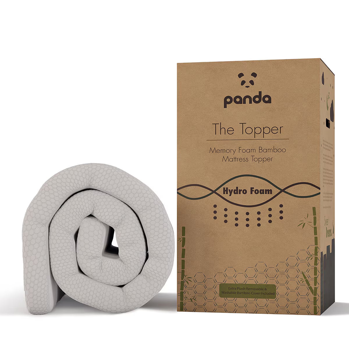 Panda The Topper memory foam bamboo mattress topper for van life comfort, rolled with packaging