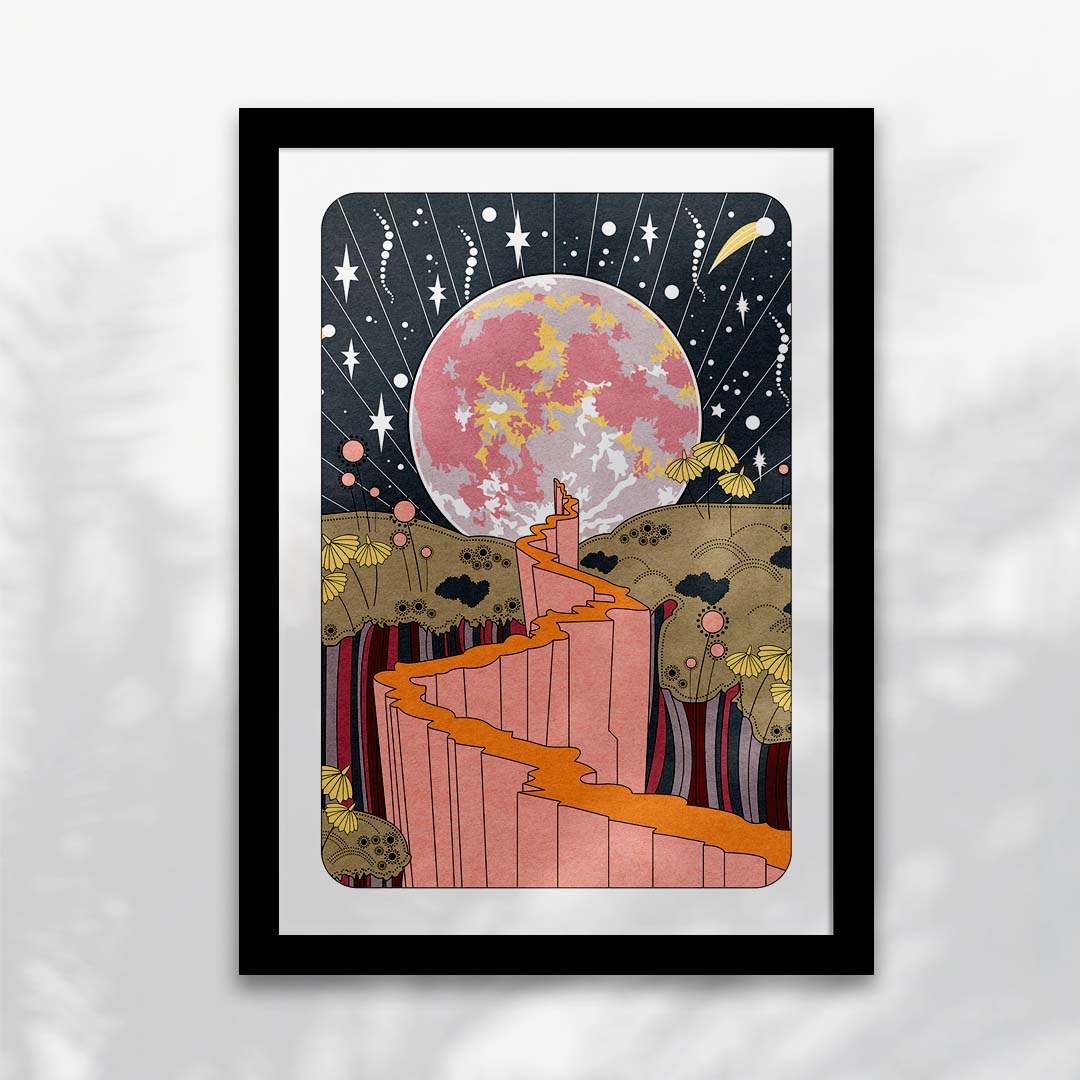 Framed cosmic art print with pink moon, starry sky, and desert canyon — perfect van life wall decor
