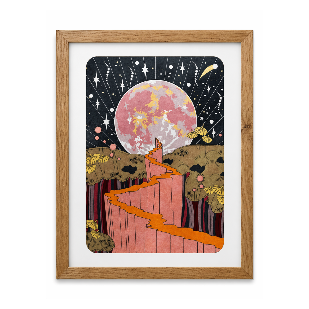 Framed surreal moon landscape art for van life wall decor, featuring cosmic stars and desert canyons