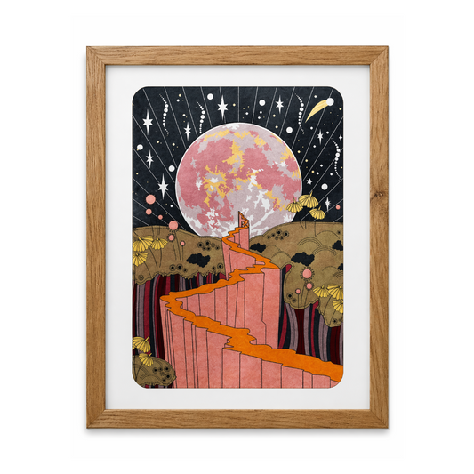 Framed surreal moon landscape art for van life wall decor, featuring cosmic stars and desert canyons