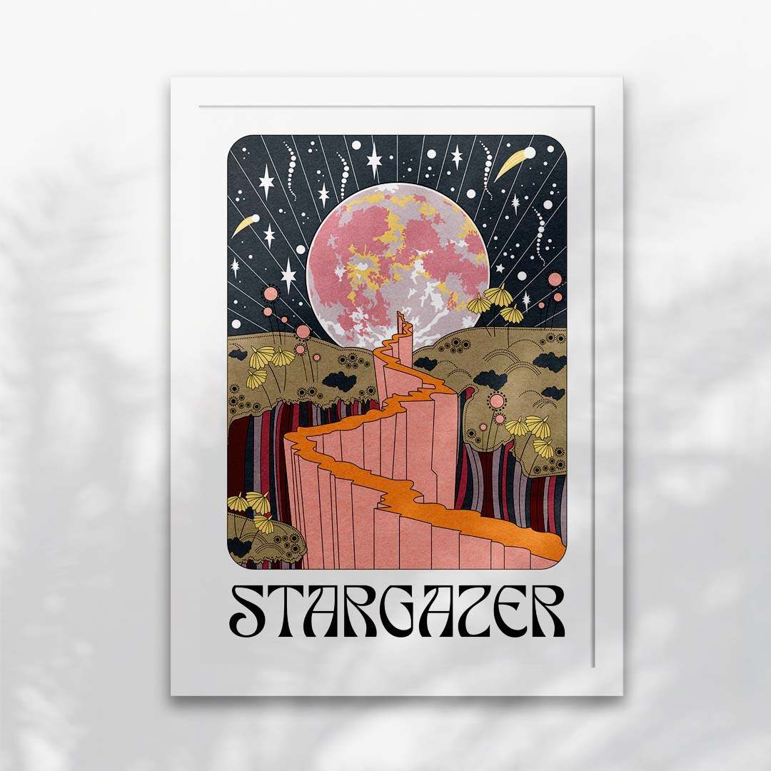 Stargazer art print with pink moon, stars, and desert canyon—perfect van life wall decor for adventurers.