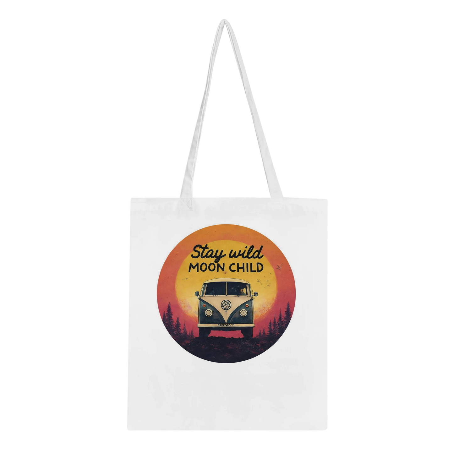 White tote bag with 'Stay wild MOON CHILD' print, vintage van, sunset, and forest—perfect for van life adventures.