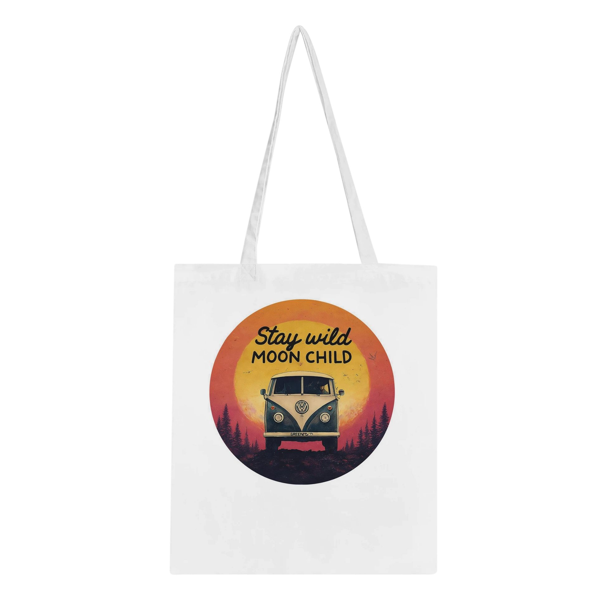 White tote bag with 'Stay wild MOON CHILD' print, vintage van, sunset, and forest—perfect for van life adventures.