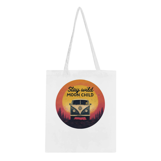White tote bag with 'Stay wild MOON CHILD' print, vintage van, sunset, and forest—perfect for van life adventures.