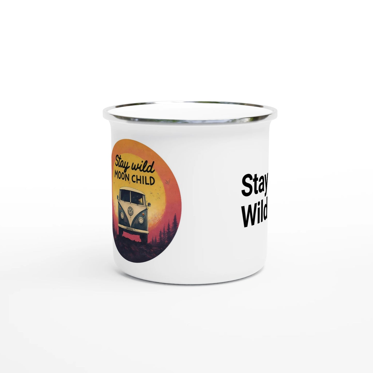 White enamel mug with 'Stay Wild Moon Child' van graphic, perfect for van life and outdoor adventures.