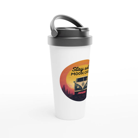 Van life travel mug with 'Stay Wild Moon Child' sunset van graphic, perfect for campers and adventurers.