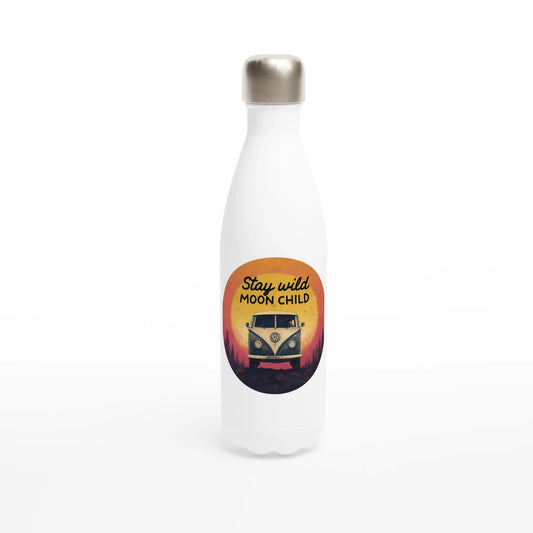 White insulated water bottle with 'Stay Wild Moon Child' van graphic, perfect for van life adventures and outdoor gear lovers.