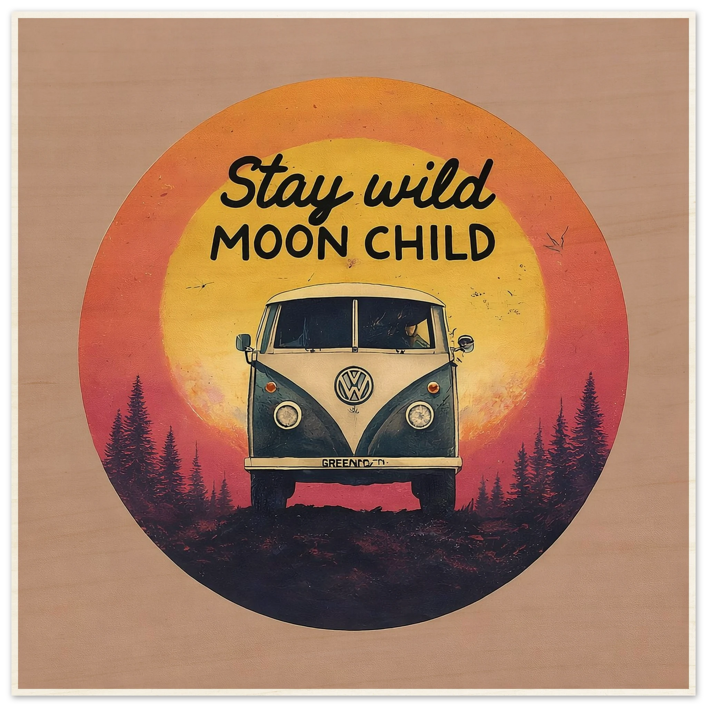 Stay Wild Moon Child van art print with retro VW bus, sunset, and forest for van life decor
