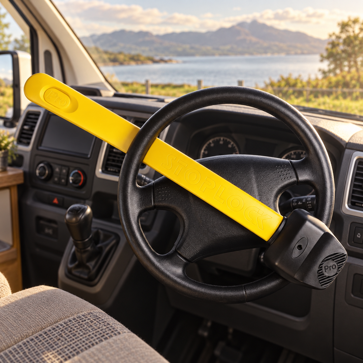 Stoplock Steering Wheel Lock in a van-life setting